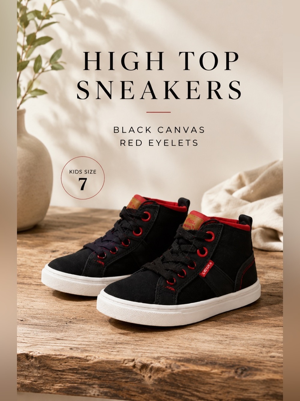 Levi’s Kids Black High Top Canvas Sneakers Red Eyelets Size 7